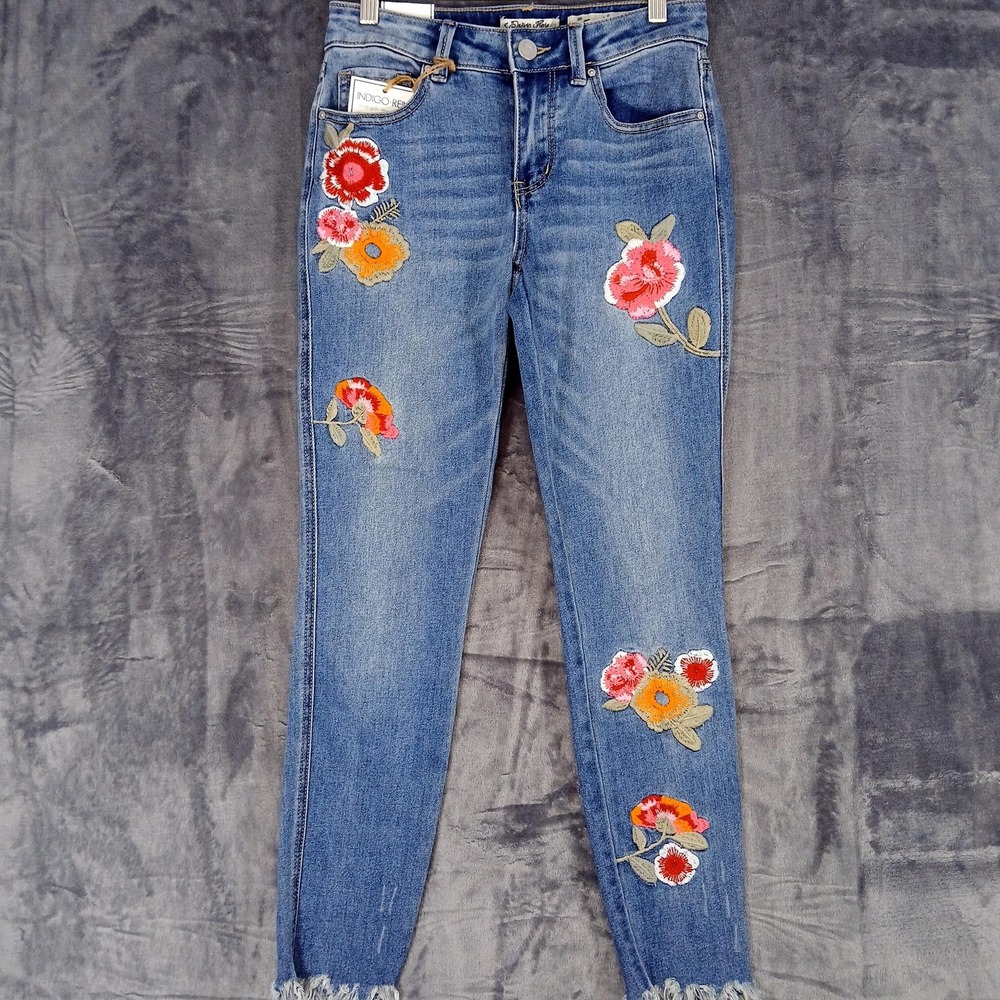 Indigo Rein Jeans Womens 5 Blue Midrise Ankle Floral Embroidered Frayed Hem